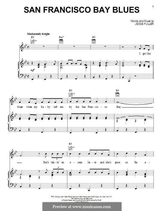 San Francisco Bay Blues: Para vocais e piano (ou Guitarra) by Jesse Fuller