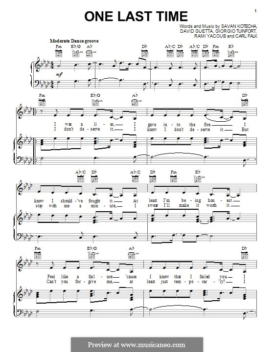 One Last Time: Para vocais e piano (ou Guitarra) by Carl Falk, David Guetta, Giorgio Tuinfort, Rami Yacoub, Savan Kotecha
