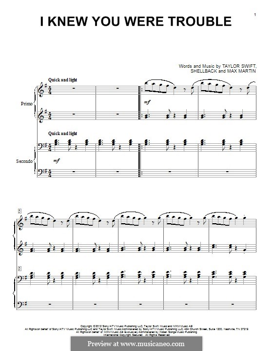 I Knew You Were Trouble (Taylor Swift): Para Piano by Shellback, Max Martin