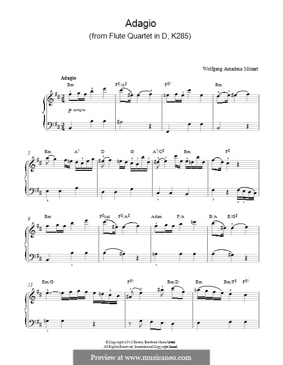 Quartet for Flute and Strings No.28 in D Major, K.285: Adagio, for piano by Wolfgang Amadeus Mozart
