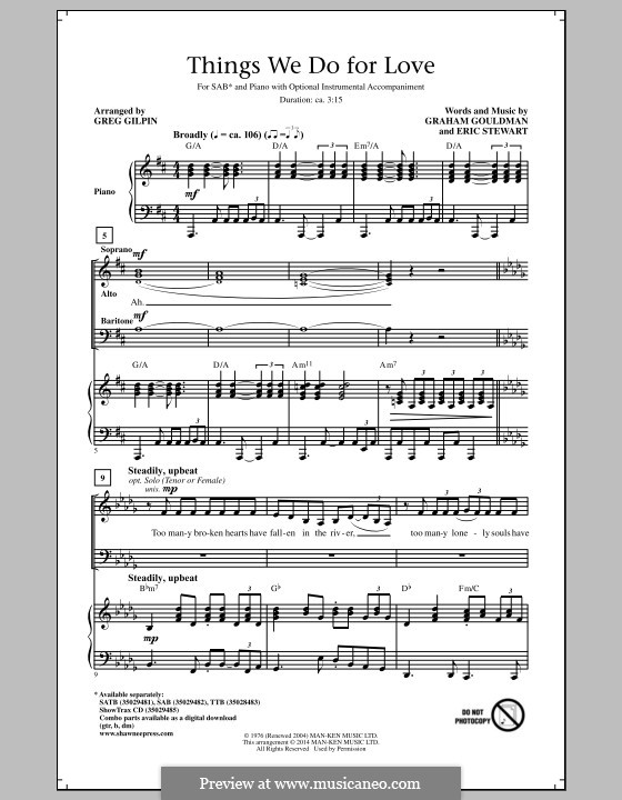 Things We Do for Love (Spectacular! (Movie)): para coro misto by Eric Stewart, Graham Gouldman