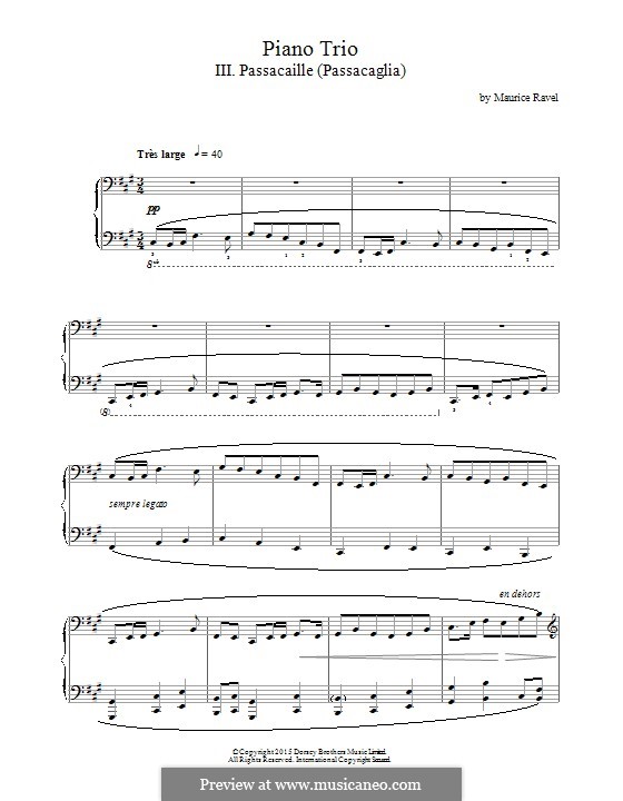 Piano Trio in A Minor, M.67: Movement III Passacaille (Passacaglia), for piano by Maurice Ravel