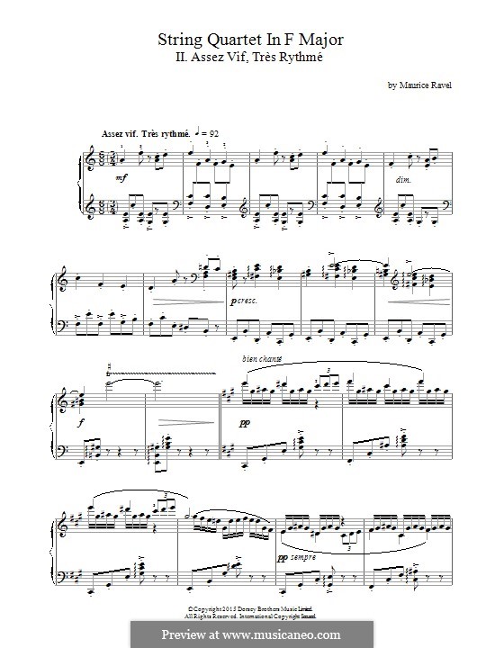 String Quartet in F Major, M.35: Movement II Assez Vif, Très Rythmé, for piano by Maurice Ravel