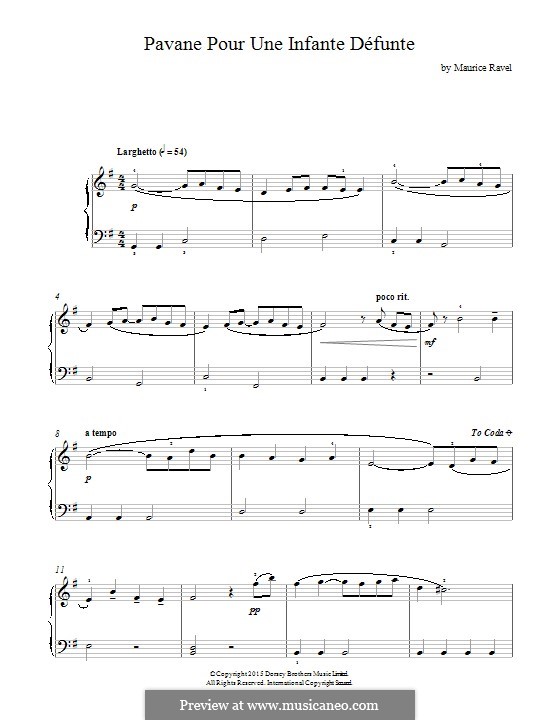 Pavane pour une infante défunte (Pavane for a Dead Princess), M.19: For piano (fragment) by Maurice Ravel