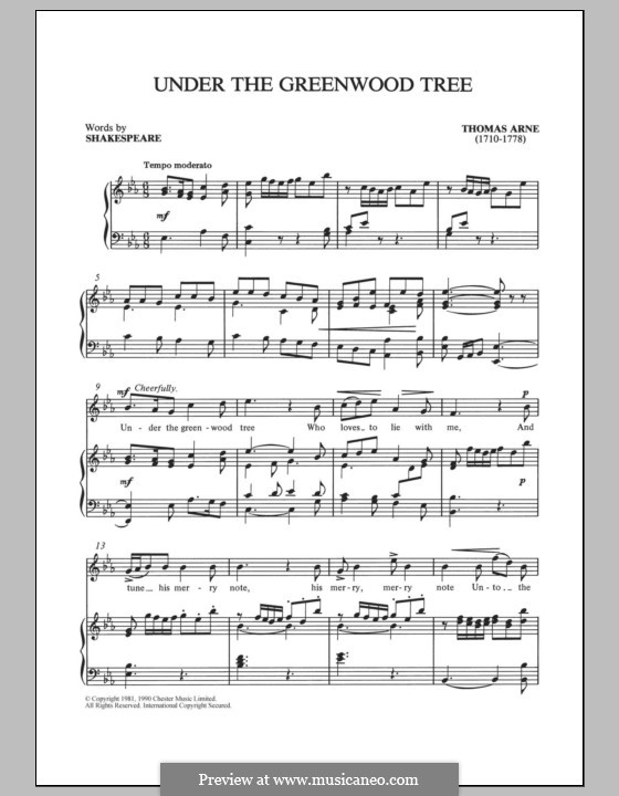 Under the Greenwood Tree: Para vocais e piano by Thomas Augustine Arne