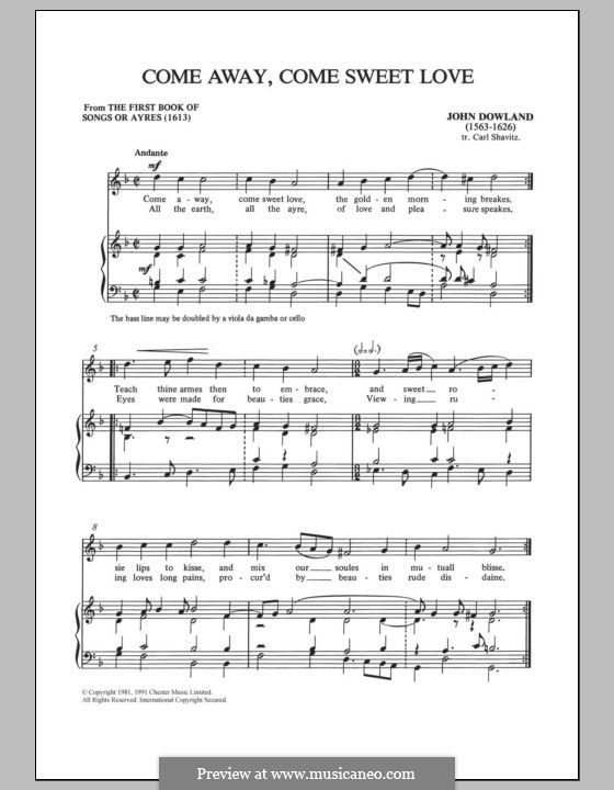 Come Away, Come Sweet Love: Para vocais e piano by John Dowland