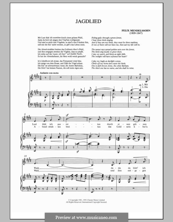 Six Songs, Op.59: No.6 Jagdlied by Felix Mendelssohn-Bartholdy