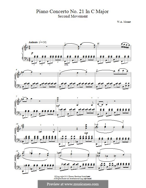 Concerto for Piano and Orchestra No.21 in C Major, K.467: Movement II (Fragment). Version for piano by Wolfgang Amadeus Mozart