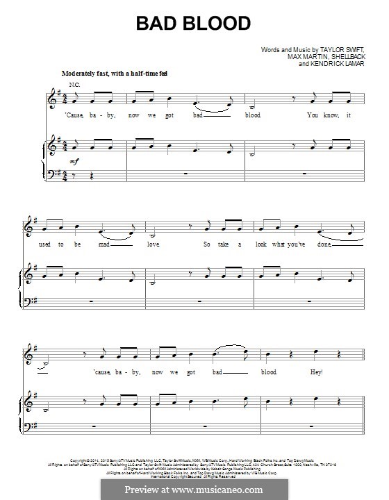 Bad Blood: Para vocais e piano (ou Guitarra) by Shellback, Max Martin, Taylor Swift