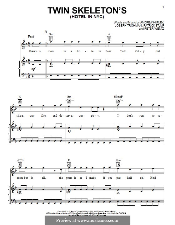 Twin Skeleton's (Hotel in NYC): Para vocais e piano (ou Guitarra) by Andrew Hurley, Joseph Trohman, Patrick Stump, Peter Wentz