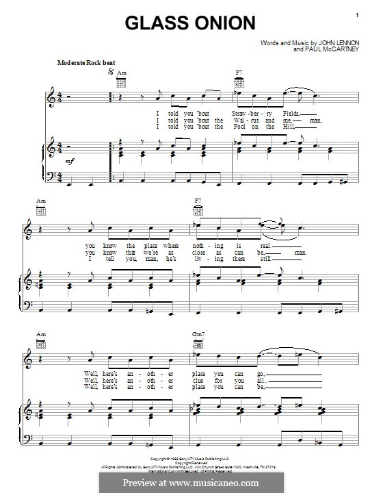 Glass Onion (The Beatles): Para vocais e piano (ou Guitarra) by John Lennon, Paul McCartney