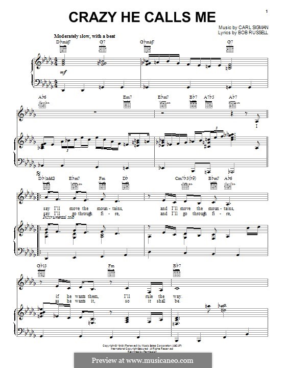Crazy She Calls Me: Para vocais e piano (ou Guitarra) by Carl Sigman