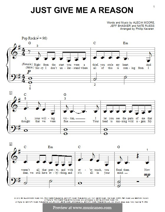 Just Give Me a Reason (Pink): Para Piano by Alecia Moore, Jeff Bhasker, Nathaniel Ruess