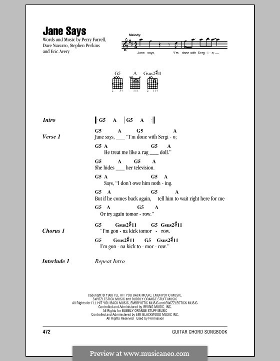 Jane Says (Jane's Addiction): Letras e Acordes by Dave Navarro, Eric Avery, Perry Farrell, Stephen Perkins