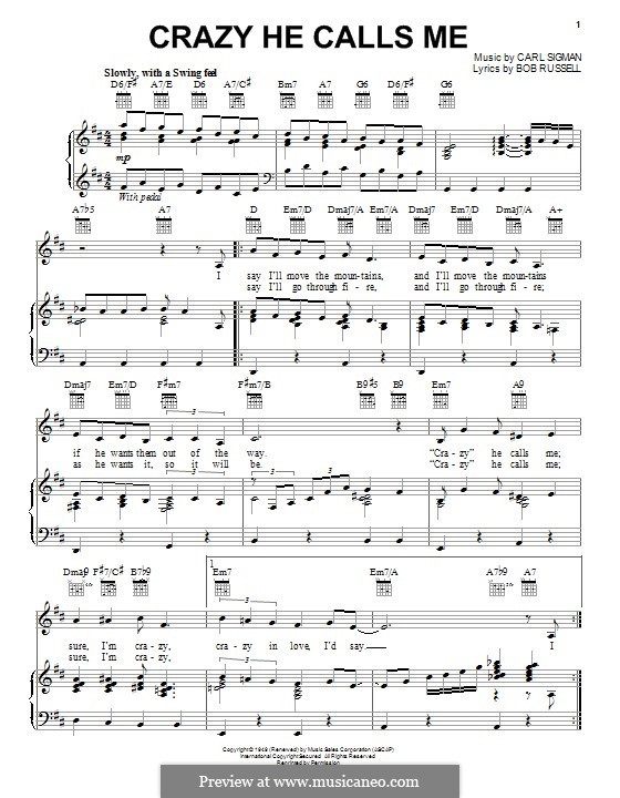 Crazy She Calls Me: Para vocais e piano (ou Guitarra) by Carl Sigman