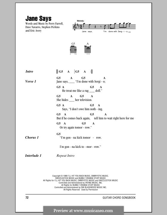 Jane Says (Jane's Addiction): Letras e Acordes by Dave Navarro, Eric Avery, Perry Farrell, Stephen Perkins