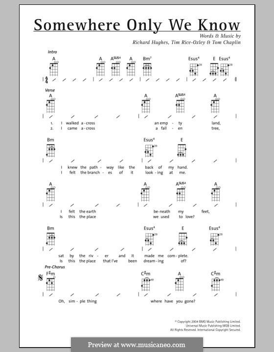 Somewhere Only We Know (Keane): para ukulele by Richard Hughes, Tim Rice-Oxley, Tom Chaplin