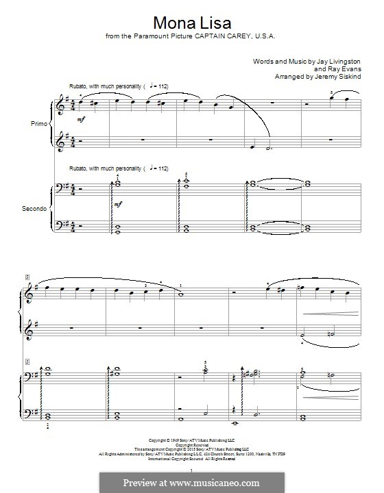 Mona Lisa (Nat King Cole): Para Piano by Jay Livingston, Raymond Evans