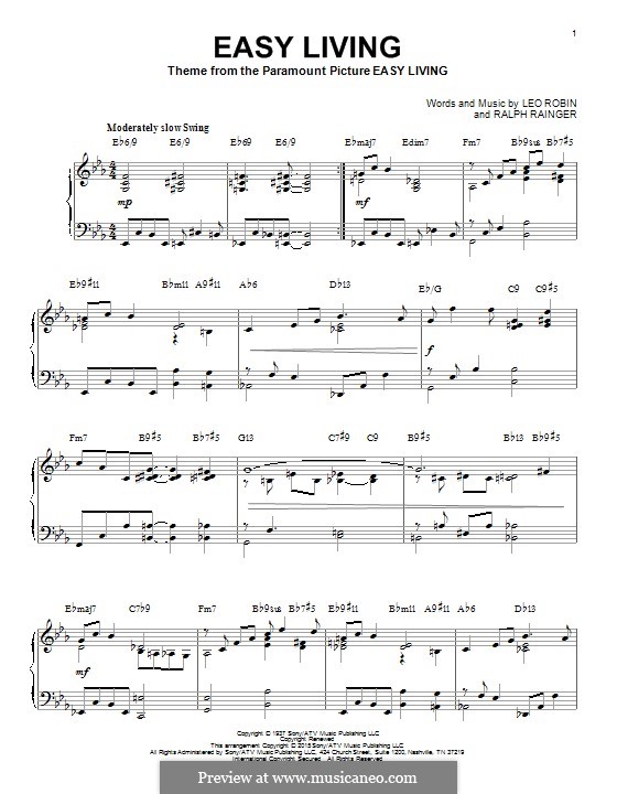 Easy Living (Billie Holiday): Para Piano by Leo Robin, Ralph Rainger
