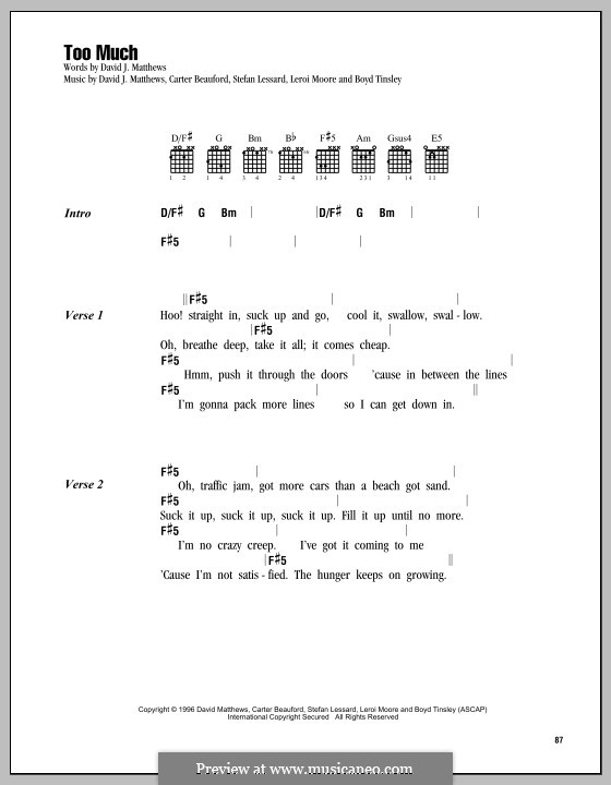 Too Much (Dave Matthews Band): Letras e Acordes by Boyd Tinsley, Carter Beauford, David J. Matthews, Leroi Moore, Stefan Lessard