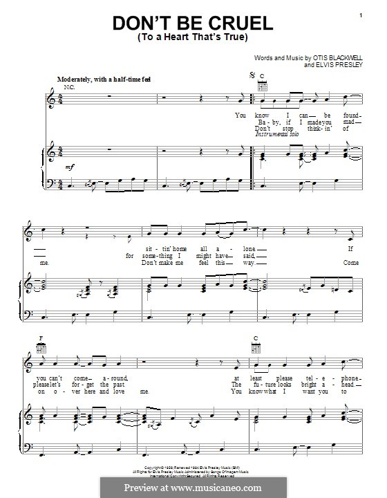 Don't Be Cruel: Para vocais e piano (ou Guitarra) by Elvis Presley, Otis Blackwell