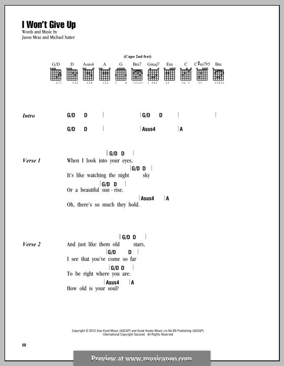 I Won't Give Up: Letras e Acordes by Jason Mraz, Michael Natter