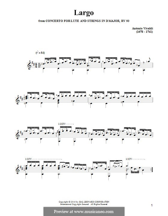 Concerto para alaúde e cordas em ré maior, RV 93: Movement II Largo. Arrangement for guitar by Antonio Vivaldi