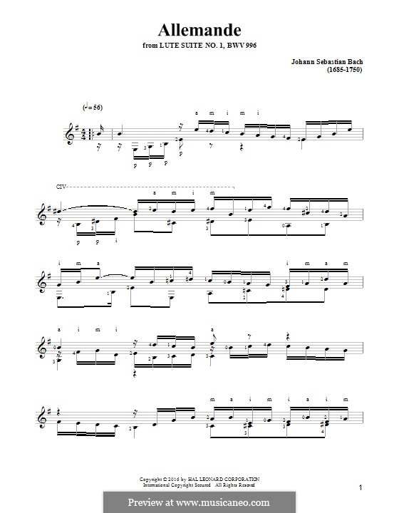 Suite for Lute (or Harpsichord) in E Minor, BWV 996: Allemande. Arrangement for guitar by Johann Sebastian Bach