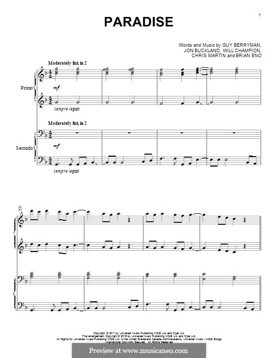 Paradise (Coldplay): para piano de quadro mãos by Brian Eno, Chris Martin, Guy Berryman, Jonny Buckland, Will Champion