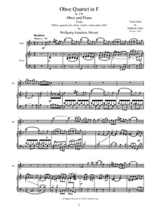 Quartet for Oboe and Strings in F Major, K.370: Movement III Rondeau. Version for oboe and piano by Wolfgang Amadeus Mozart