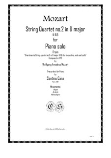 String Quartet No.2 in D Major, K.155: arranjo para piano by Wolfgang Amadeus Mozart