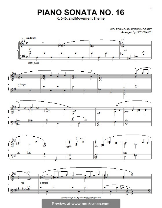 Sonata for Piano No.16 in C Major, K.545: movimento II by Wolfgang Amadeus Mozart