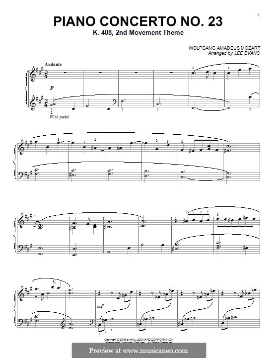 Concerto for Piano and Orchestra No.23 in A Major, K.488: Movimento II, para piano by Wolfgang Amadeus Mozart