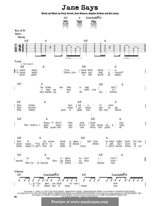 Jane Says (Jane's Addiction): Para Guitarra by Dave Navarro, Eric Avery, Perry Farrell, Stephen Perkins
