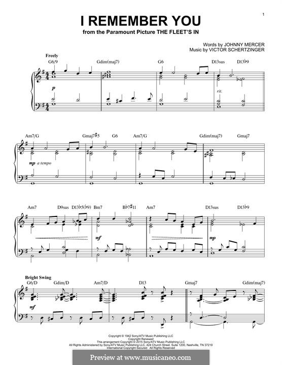 I Remember You (Diana Krall): Para Piano by Victor Schertzinger