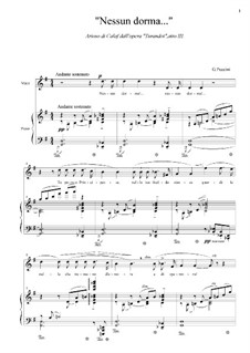 Turandot: Nessun dorma, for voice and piano by Giacomo Puccini