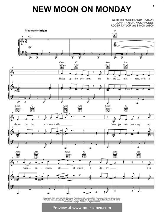 New Moon on Monday (Duran Duran): Para vocais e piano (ou Guitarra) by Andy Taylor, John Taylor, Nick Rhodes, Roger Taylor, Simon LeBon