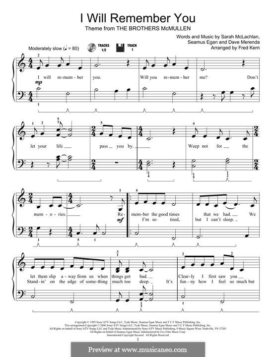 I Will Remember You (Theme from The Brothers McMullen): Para Piano by Dave Merenda, Sarah McLachlan, Seamus Egan