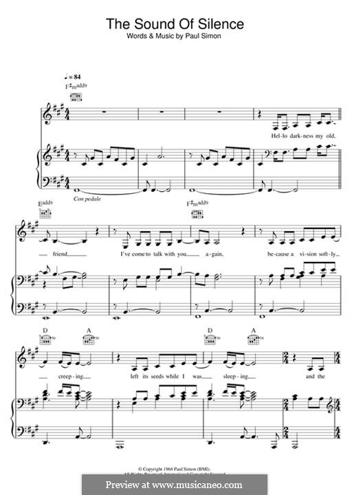 Partitura de 'The Sound of Silence' para flauta dulce con cifras y notas, disponible en Musicaneo