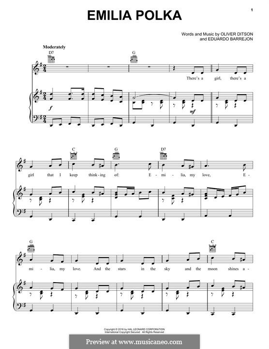 Emilia Polka: Para vocais e piano (ou Guitarra) by Eduardo Barrejon, Oliver Ditson