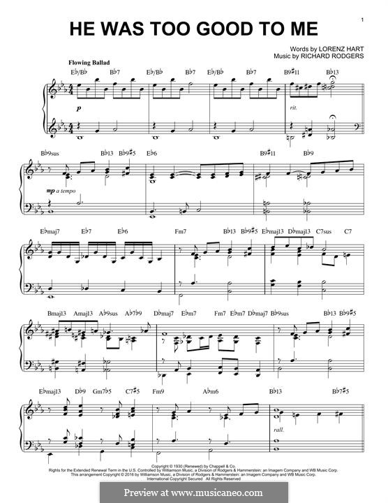 He Was too Good to Me: Para Piano by Richard Rodgers