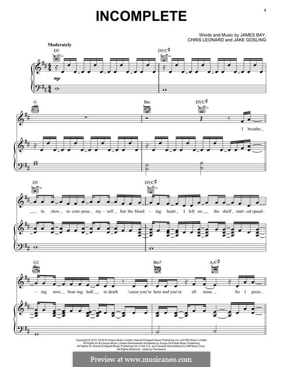 Incomplete: Para vocais e piano (ou Guitarra) by Christopher Leonard, Jake Gosling, James Bay