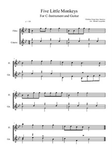 Five Little Monkeys: For C-instrument and guitar (B flat Major) by folklore