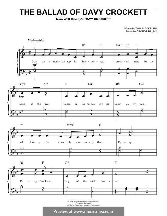 The Ballad of Davy Crockett (from Davy Crockett): Para Piano by George Bruns