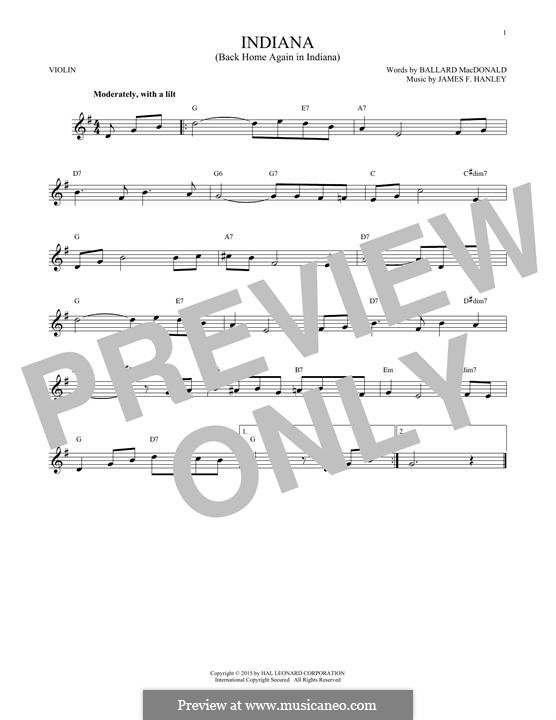 Indiana (Back Home Again in Indiana): para violino by James Frederick Hanley