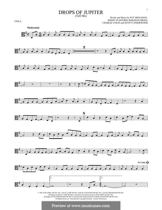 Drops of Jupiter / Tell Me (Train): para viola by Charlie Colin, Jimmy Stafford, Patrick Monahan, Rob Hotchkiss, Scott Underwood