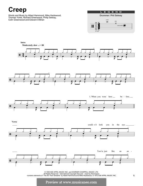 Creep (Radiohead): Drum set by Albert Hammond, Colin Greenwood, Ed O'Brien, Jonny Greenwood, Mike Hazelwood, Phil Selway, Thomas Yorke