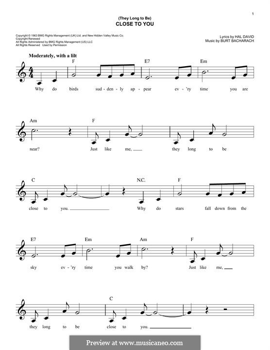 Close To You They Long To Be Por B Bacharach Partituras On Músicaneo