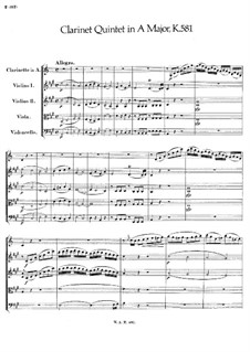 Quintet for Clarinet and Strings in A Major, K.581: Partitura completa by Wolfgang Amadeus Mozart