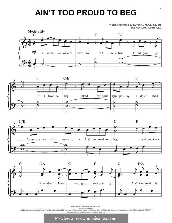 Ain't Too Proud to Beg (The Temptations): Para Piano by Edward Holland Jr., Norman J. Whitfield